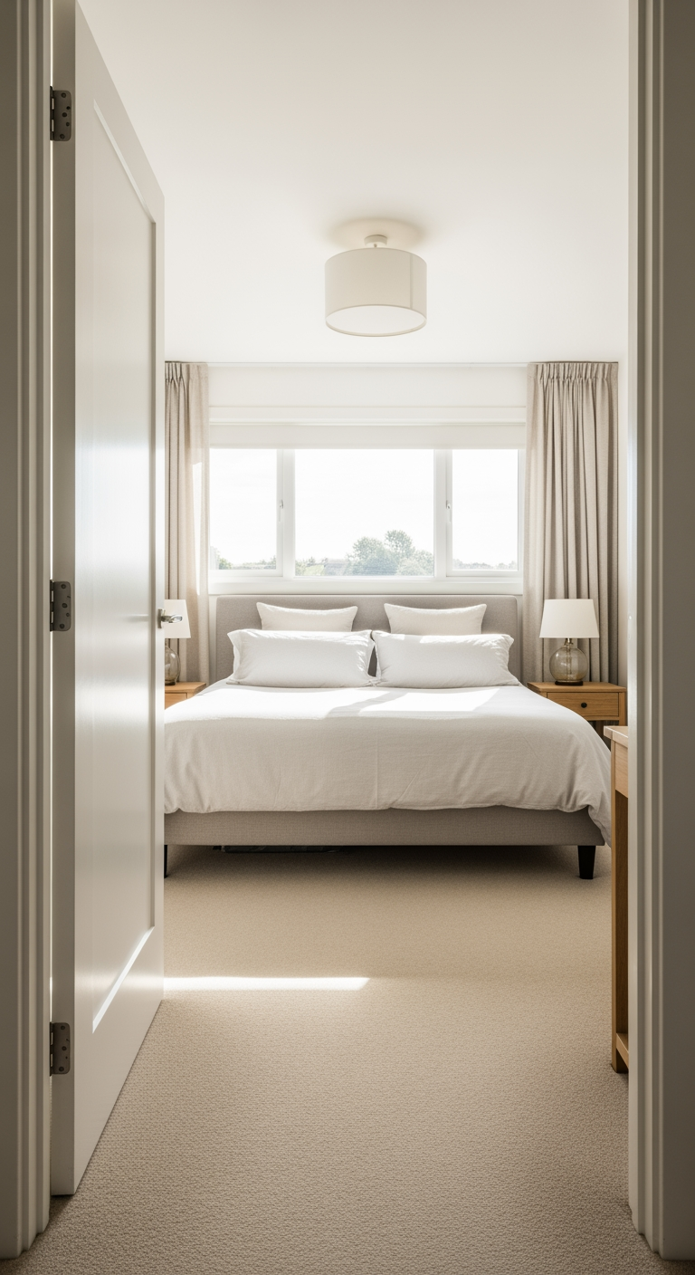 A beautifully made bed in a sunlit master bedroom, symbolizing the return of restful, uninterrupted sleep for parents.