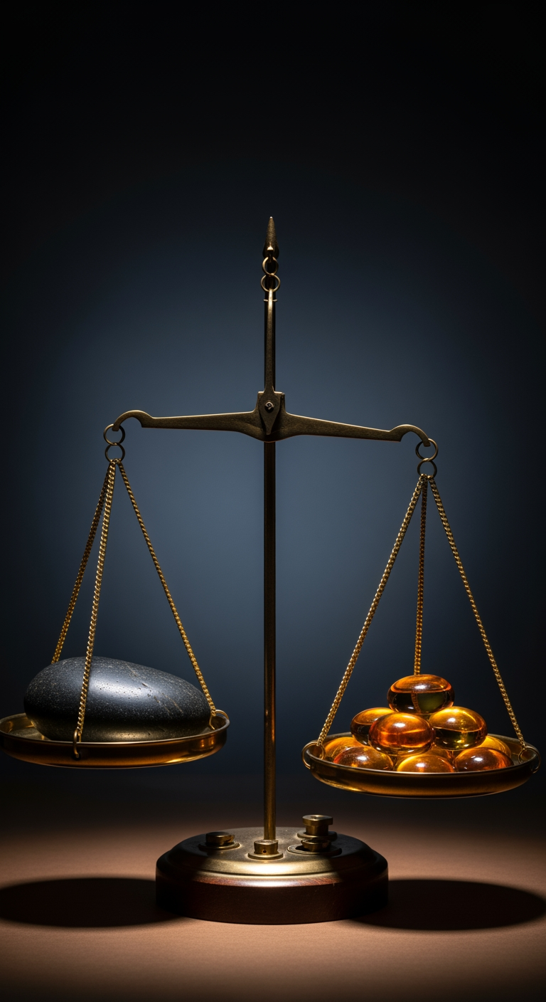 A brass balance scale in perfect equilibrium, with a single dark stone on one side and a pile of smaller, glowing amber stones on the other.