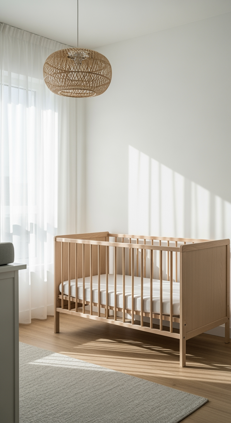 A bright, clean, and empty nursery with a neatly made crib, bathed in soft morning light, representing an ideal sleep environment.