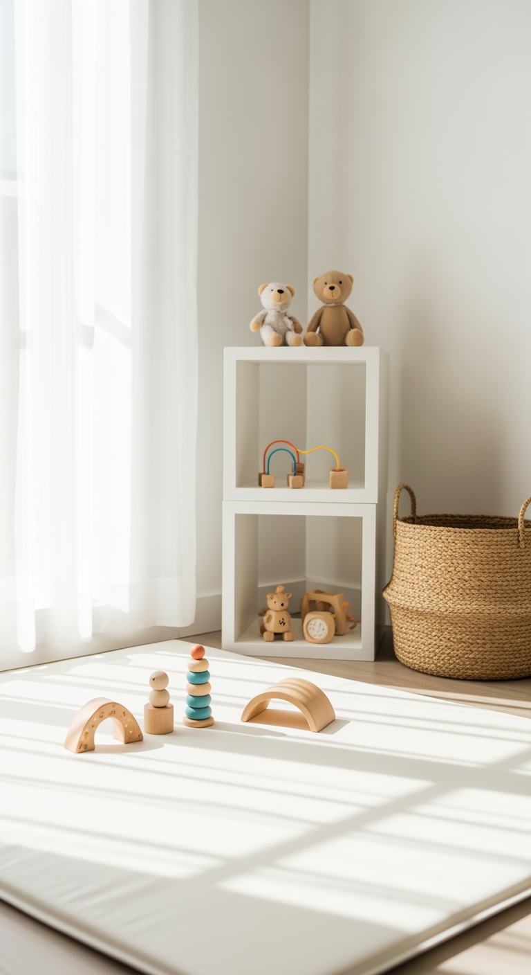 A bright, organized nursery play area in the morning, representing a structured two-nap day schedule.