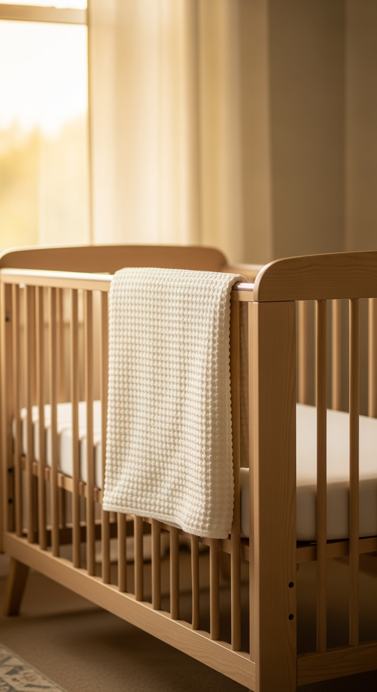 A calm, well-lit nursery corner with an empty crib and a neatly folded blanket, ready for sleep.