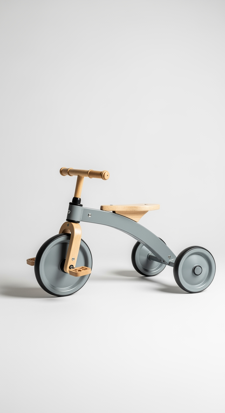 A classic wooden tricycle, symbolizing the supportive, step-by-step nature of the sleep training method.