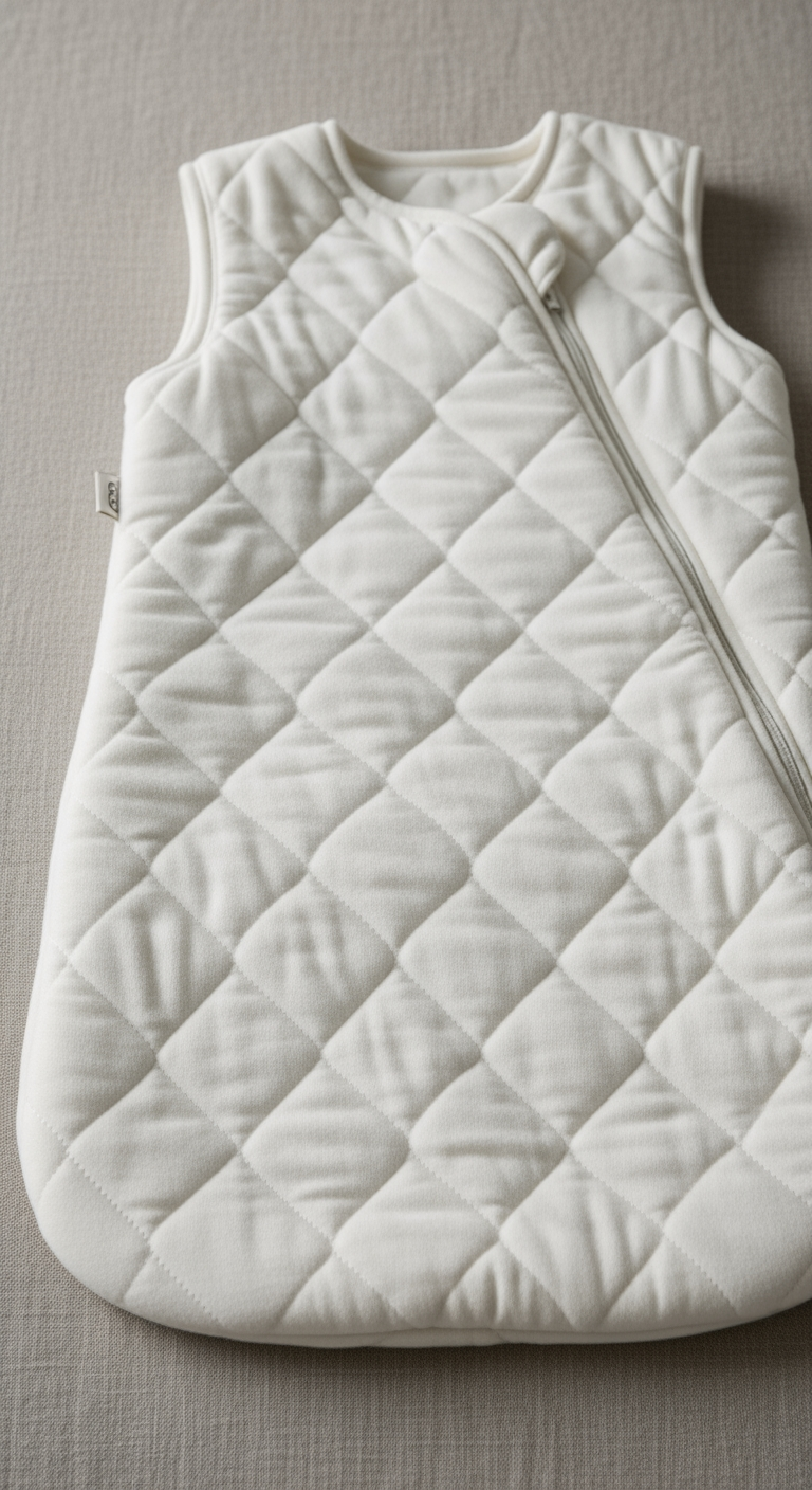 A close-up detail shot of a soft, quilted baby sleep sack, highlighting its comforting texture and warmth.