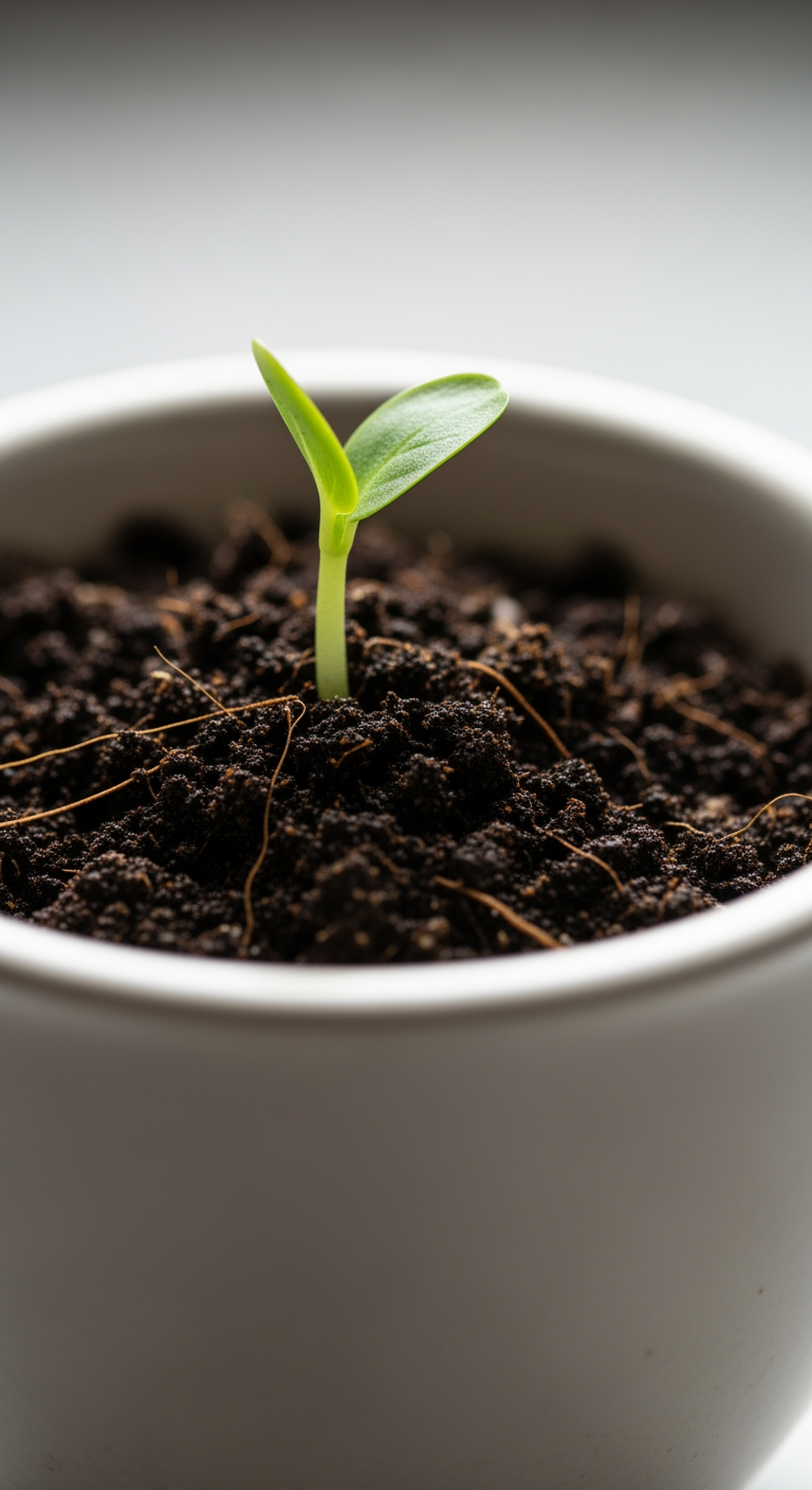 A close-up macro shot of a single green sprout emerging from soil in a pot, symbolizing growth and readiness.