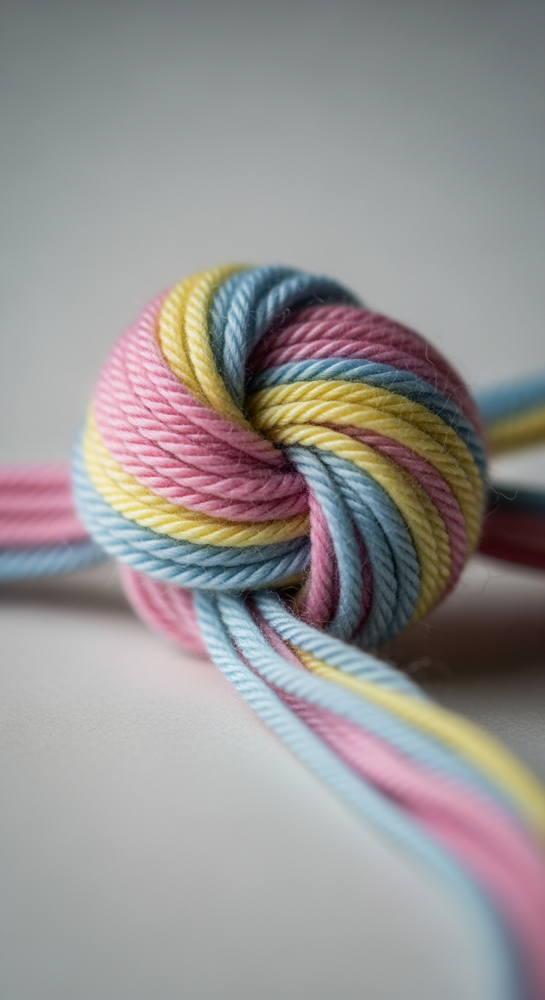 A close-up, macro view of a soft, tangled knot of multi-colored pastel yarn, representing a complex but solvable troubleshooting problem.
