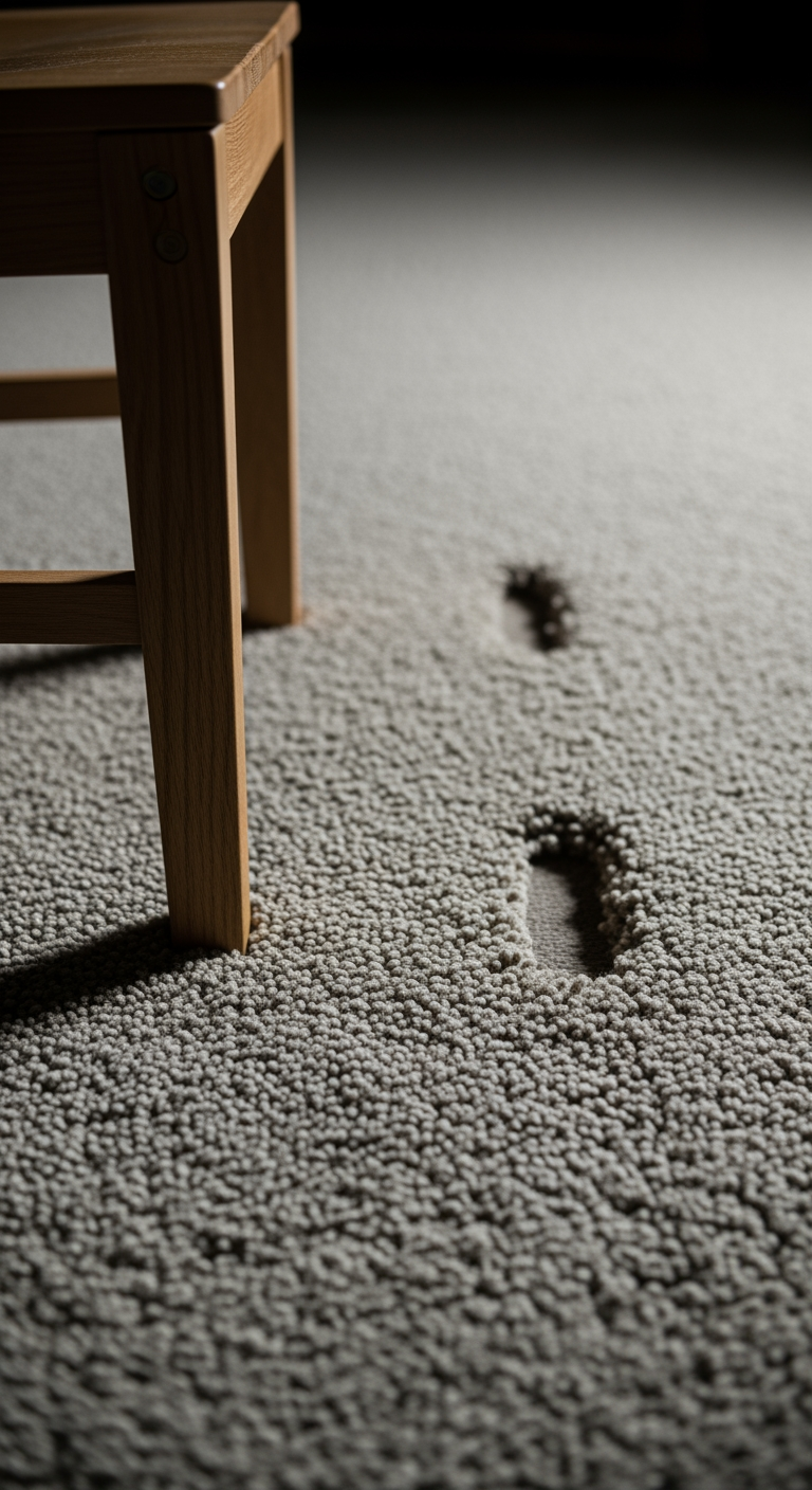 A close-up of a chair leg with indentations on a plush rug, suggesting gradual movement over time.