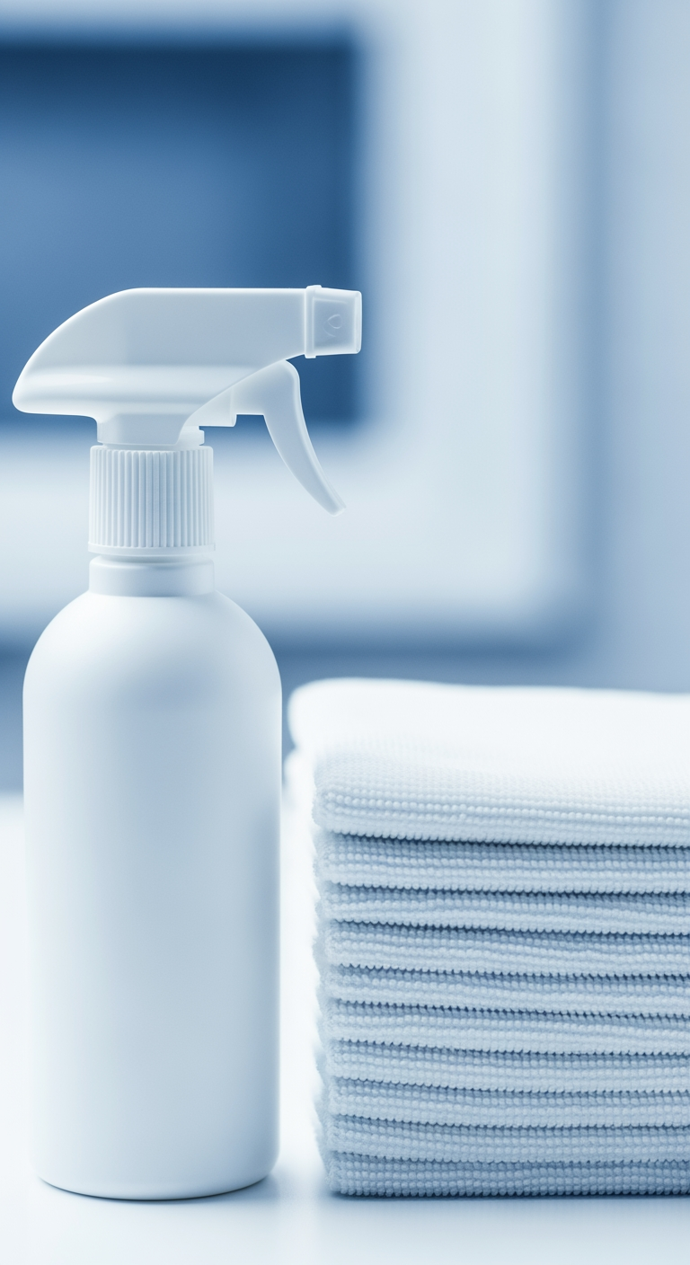 A close-up of a disinfectant spray bottle and clean cloths, representing the cleaning and inspection process.