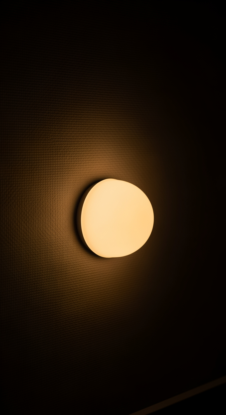 A close-up of a minimalist spherical night light on a wall, casting a soft, warm, and reassuring amber glow into a dark room.