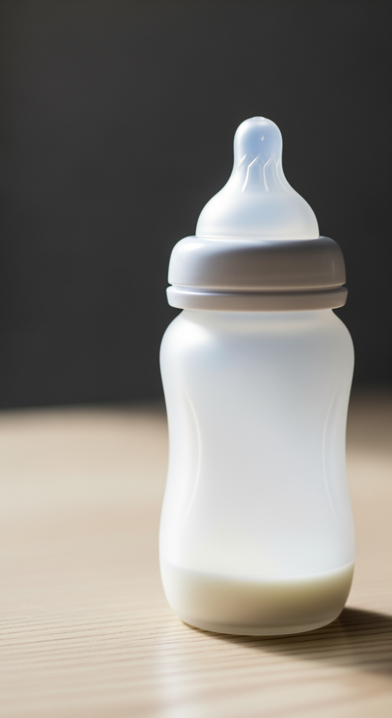 A close-up of a modern baby bottle with only a small amount of milk at the bottom, representing a reduced night feed.