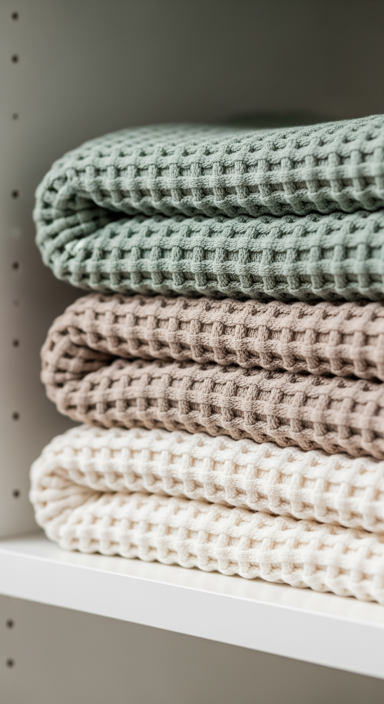 A close-up of a neat stack of three differently colored, textured baby blankets on a white shelf, representing order and benchmarks.