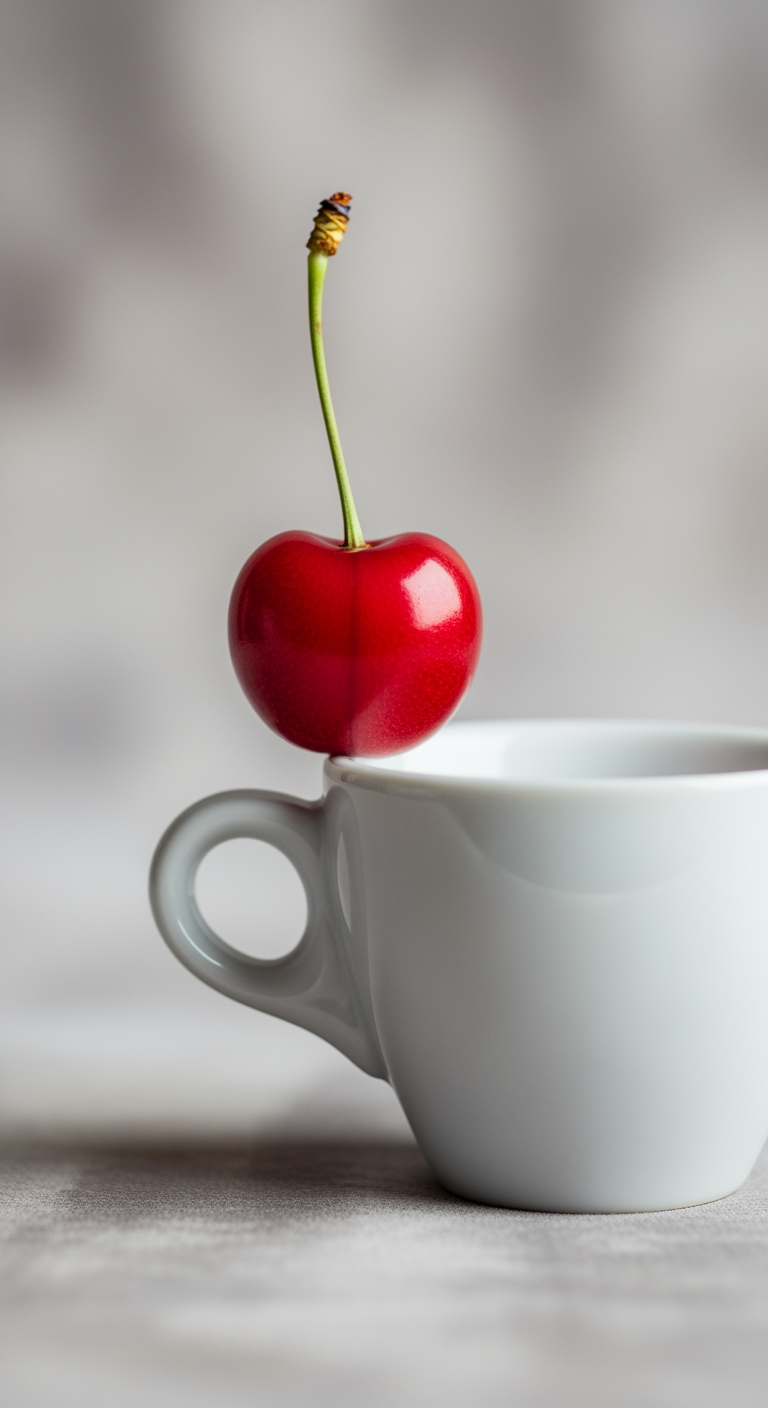 A close-up of a single cherry next to a small espresso cup, visually representing a newborn's small stomach size.