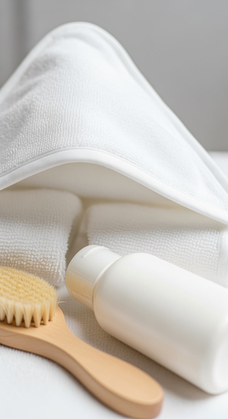 A close-up of a soft hooded baby towel, a bottle of lotion, and a soft-bristled brush, arranged neatly for bath time.
