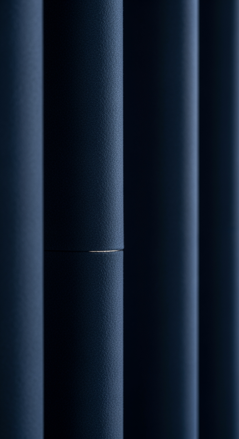 A close-up of a thick, navy blue blackout curtain effectively blocking light, representing a solution for a dark sleep environment.