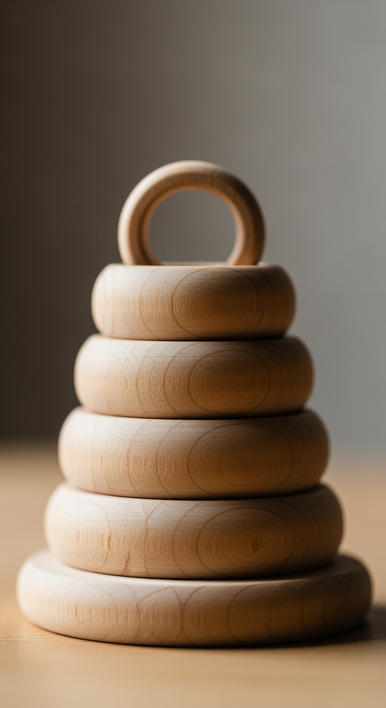 A close-up of smoothly sanded, natural wooden stacking rings, symbolizing childhood development and growth stages.