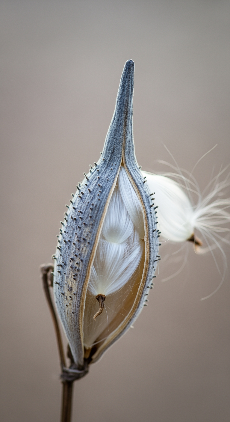 A close-up shot of a single, dry seed pod that is just starting to open, symbolizing readiness for a new stage of development.