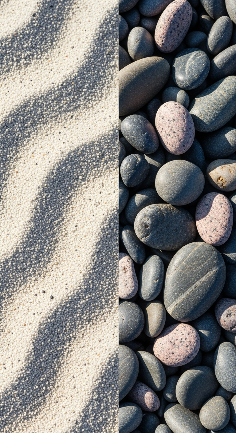 A close-up split image contrasting fine, light sand (white noise) with smooth, dark stones (pink noise) to show different sound textures.