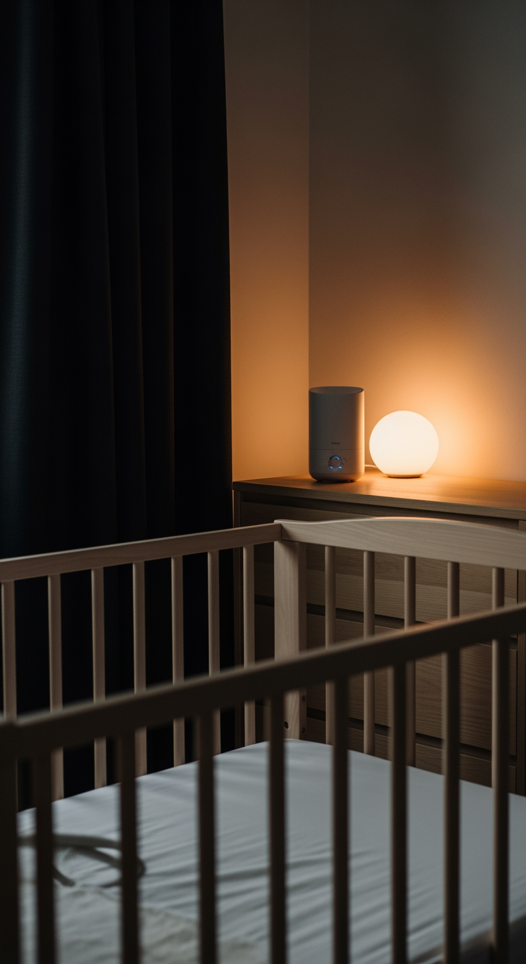 A dimly lit nursery with an empty crib ready for sleep, a white noise machine, and a warm nightlight glowing on the wall.