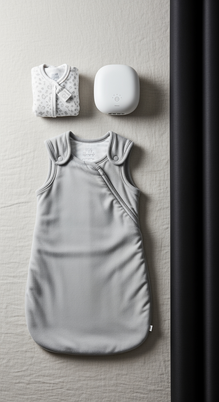 A flat lay of baby sleep essentials: a folded sleep sack, a white noise machine, and a blackout curtain, arranged neatly on a linen background.