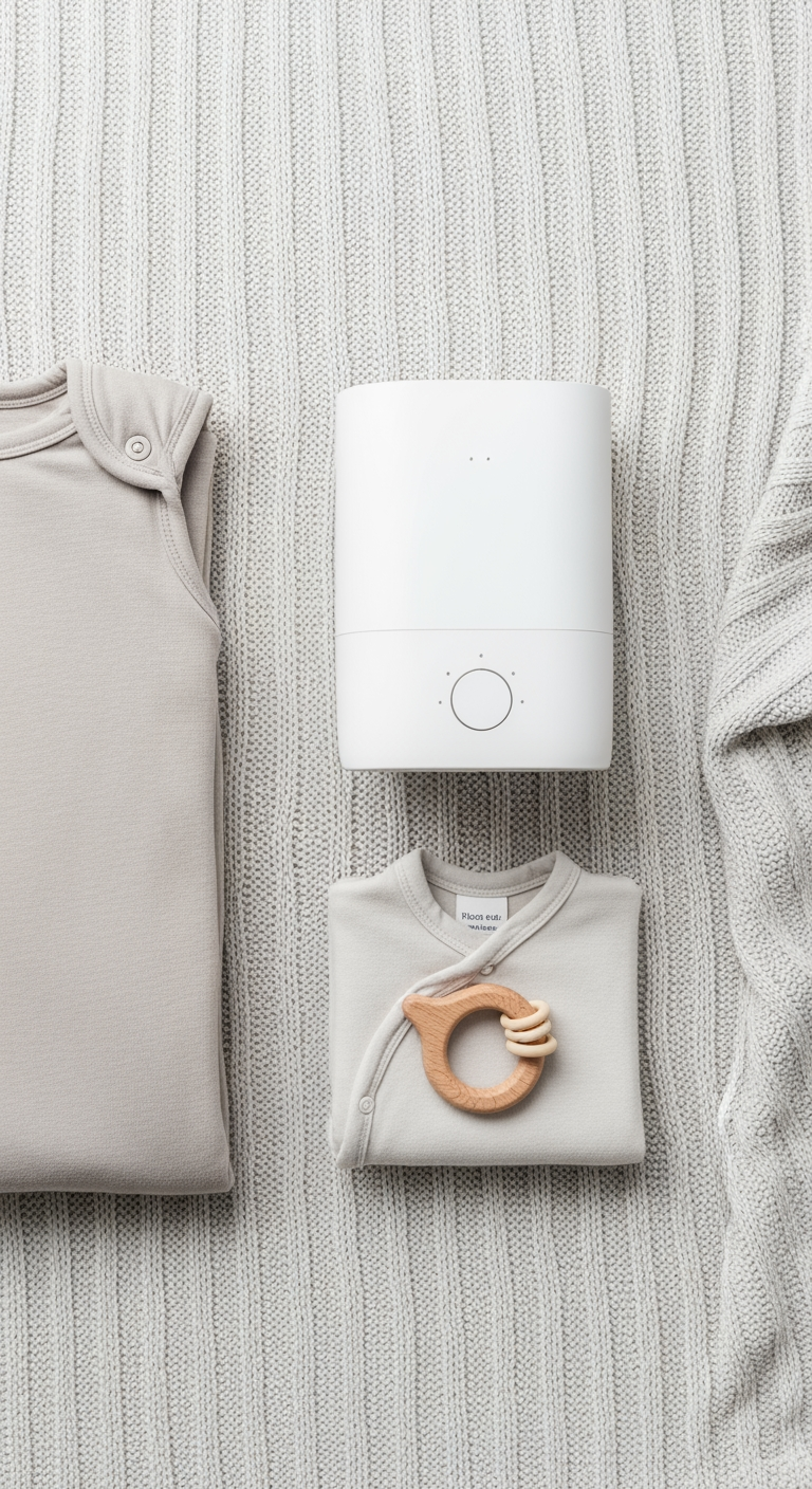 A flat lay of baby sleep essentials, including a sleep sack and a white noise machine, neatly arranged on a soft blanket.