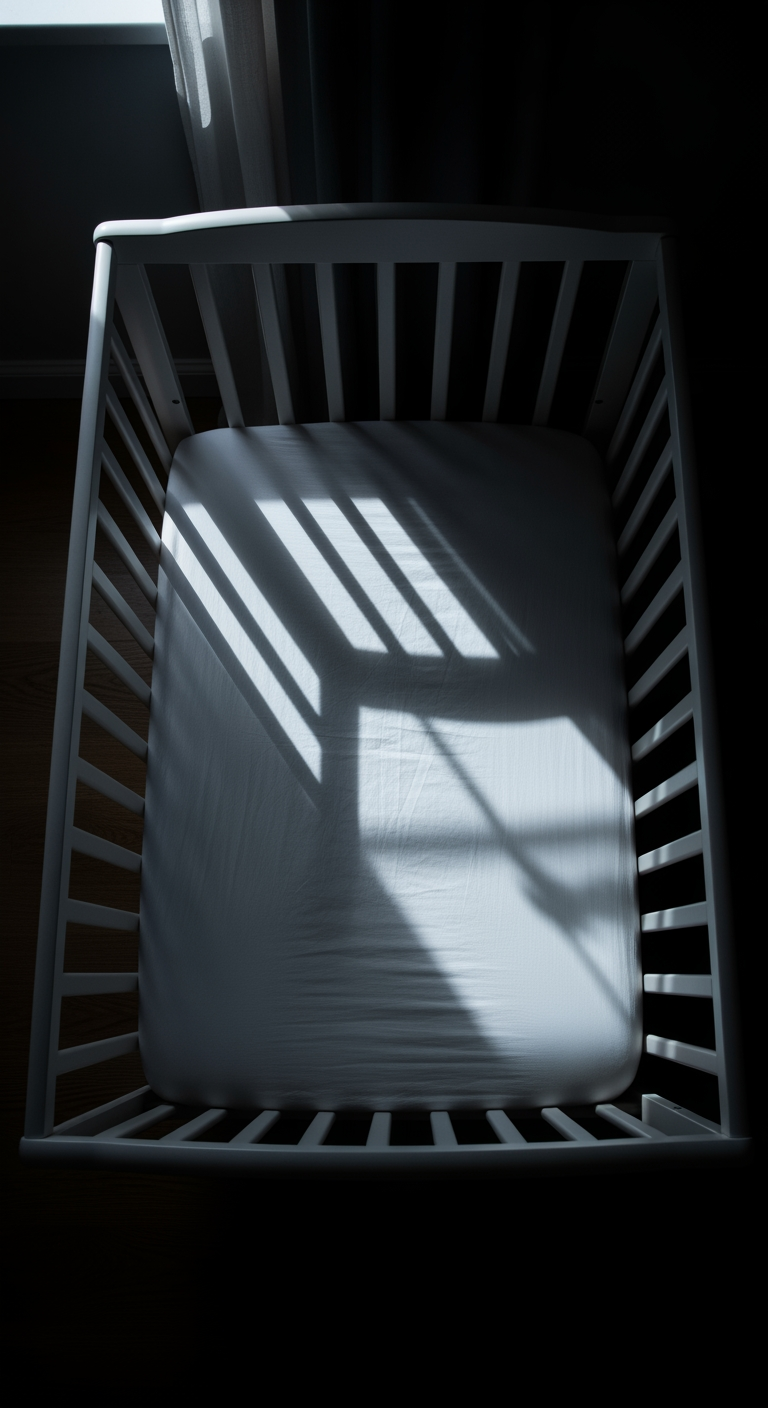 A high-angle view of an empty crib in a dark room, with soft moonlight creating a peaceful and still atmosphere.