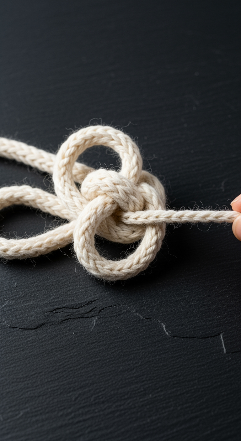 A macro image of a tangled piece of yarn on a dark surface, symbolizing a problem being solved.