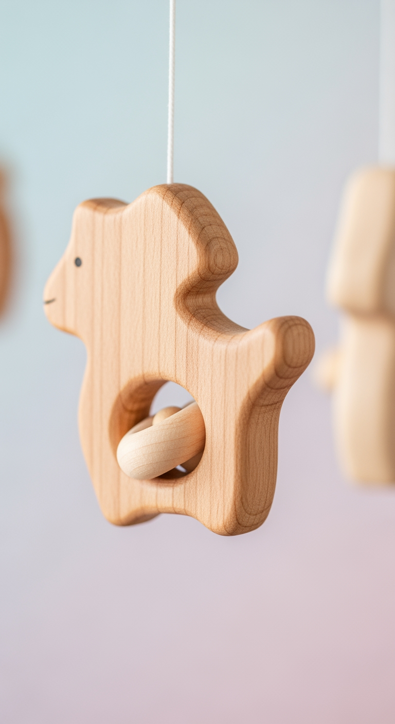 A macro photo of a wooden toy animal from a baby mobile, representing the baby's world and sleep environment.