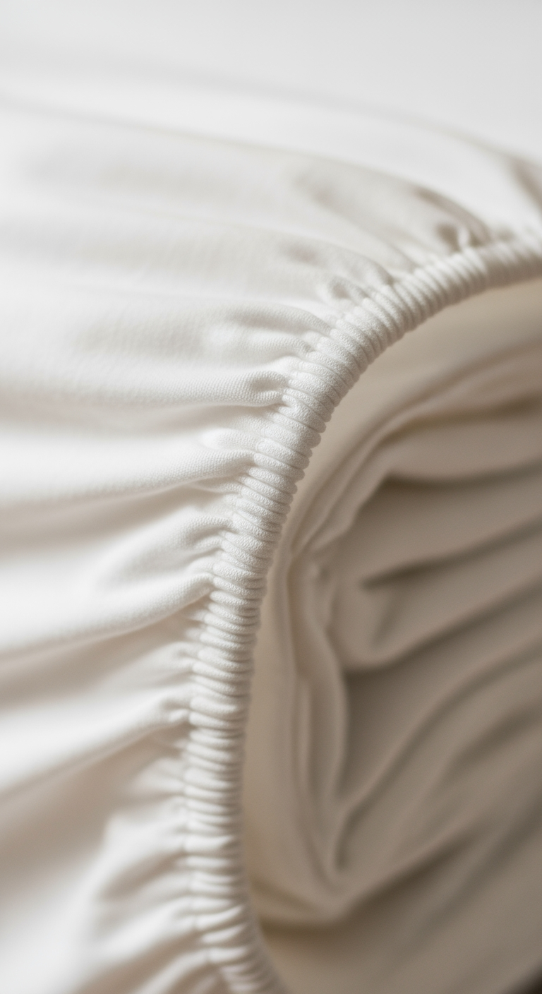 A macro photograph showing the soft texture and elastic corner of a clean, folded fitted crib sheet.