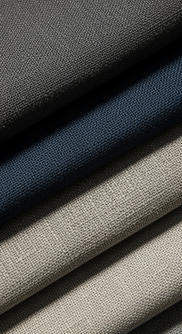 A macro, top-down view of layered fabric swatches for blackout curtains in neutral tones, showing their thick, high-quality textures.