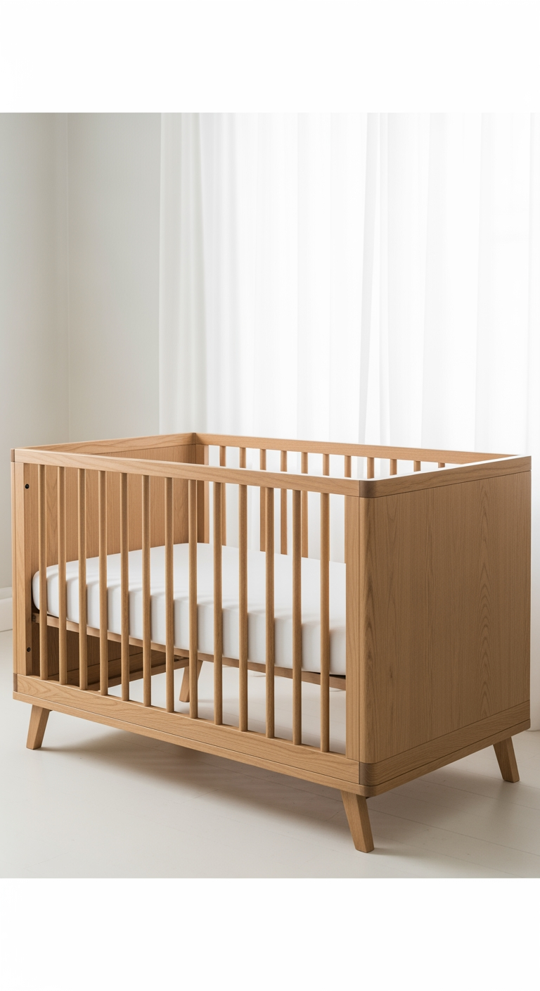A minimalist, modern wooden crib with a clean, fitted white sheet in a softly lit, peaceful nursery. The crib is empty and free of clutter to show a safe sleep space.