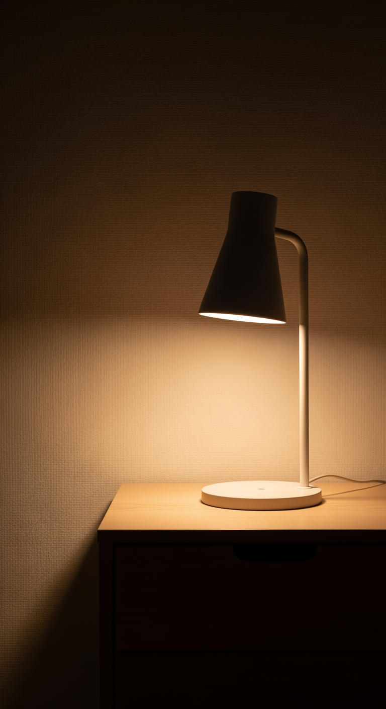 A modern nursery lamp on a nightstand, casting a warm, dim light against a textured wall, signifying a change in light.