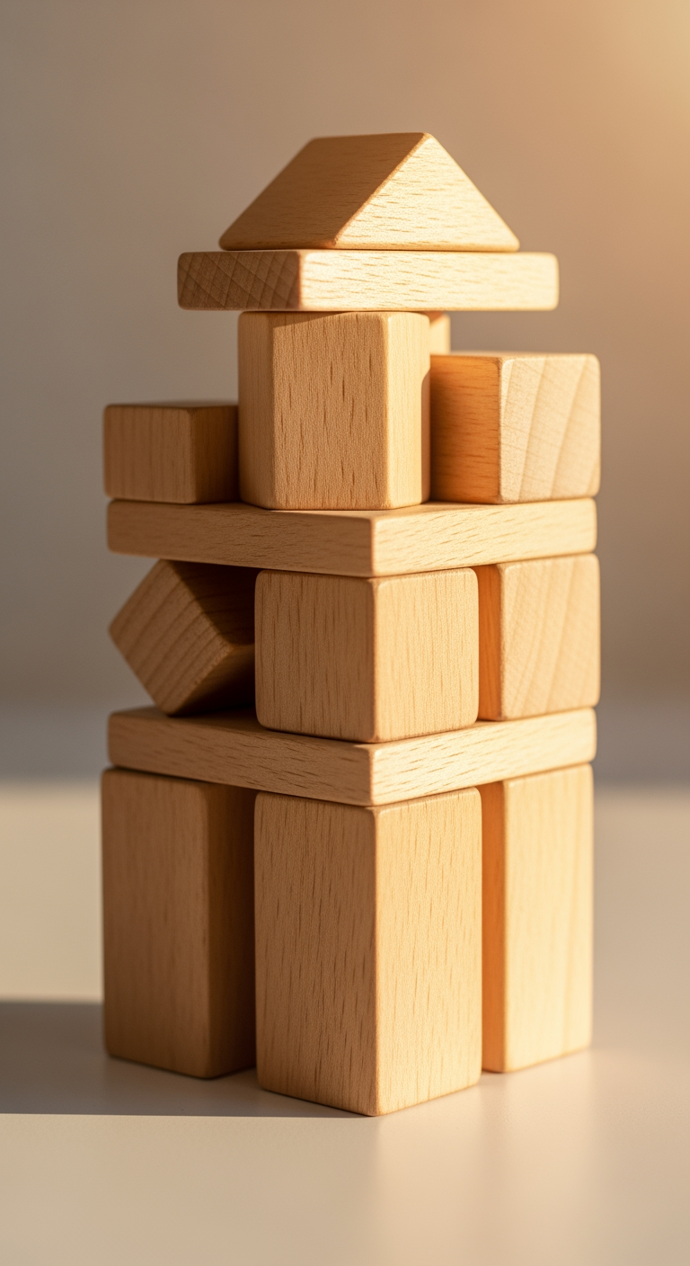 A neat stack of natural wooden building blocks, symbolizing the creation of a predictable and stable sleep routine for the future.