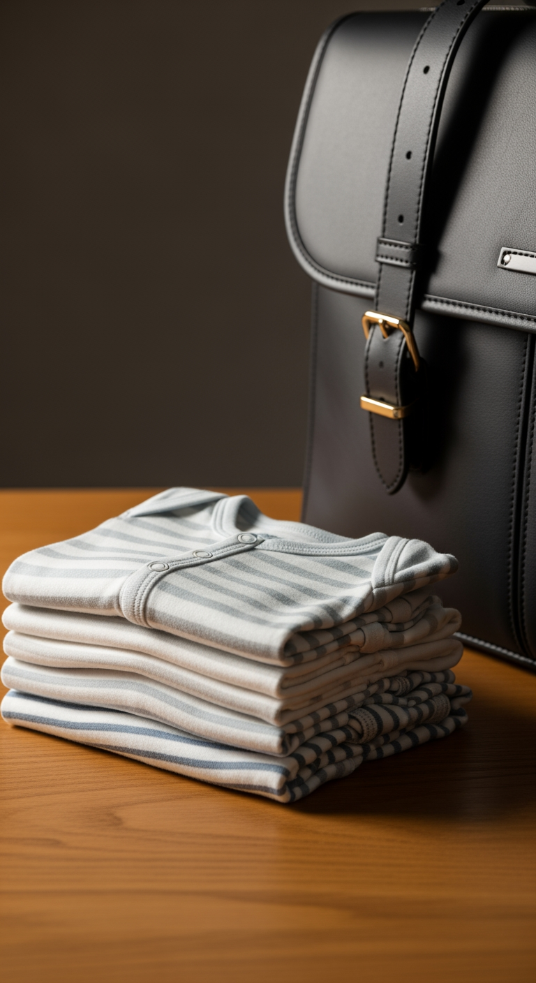 A neatly folded stack of baby pajamas placed beside a leather work satchel on a wooden surface, symbolizing the blend of work and parenting.