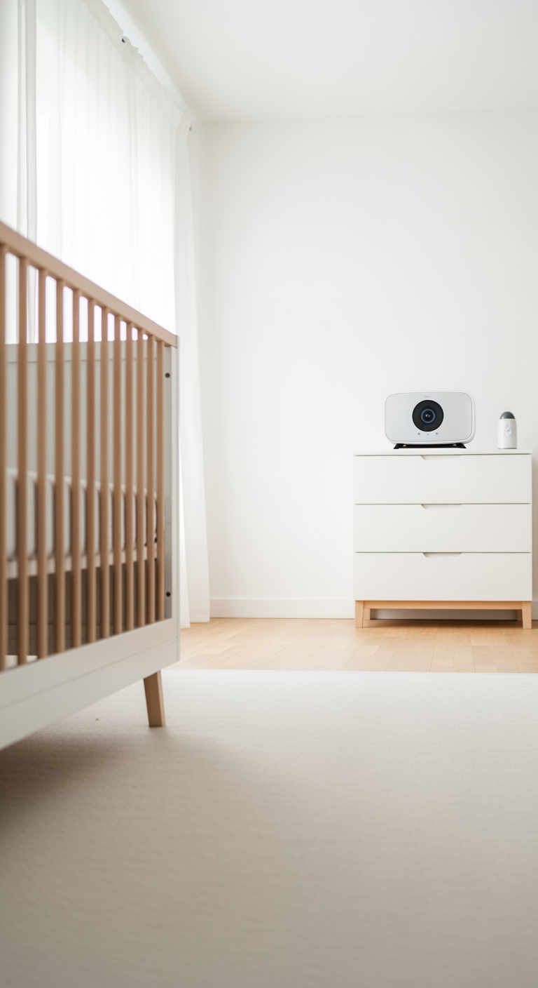 A nursery viewed from a low angle, showing the safe distance between a crib and a sound machine on a dresser across the room.