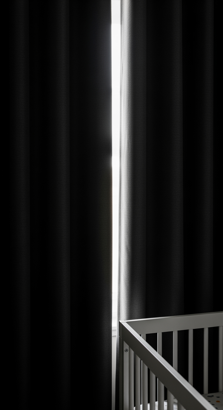 A nursery window with a blackout curtain partially drawn, creating a dark room with a small sliver of daylight showing.