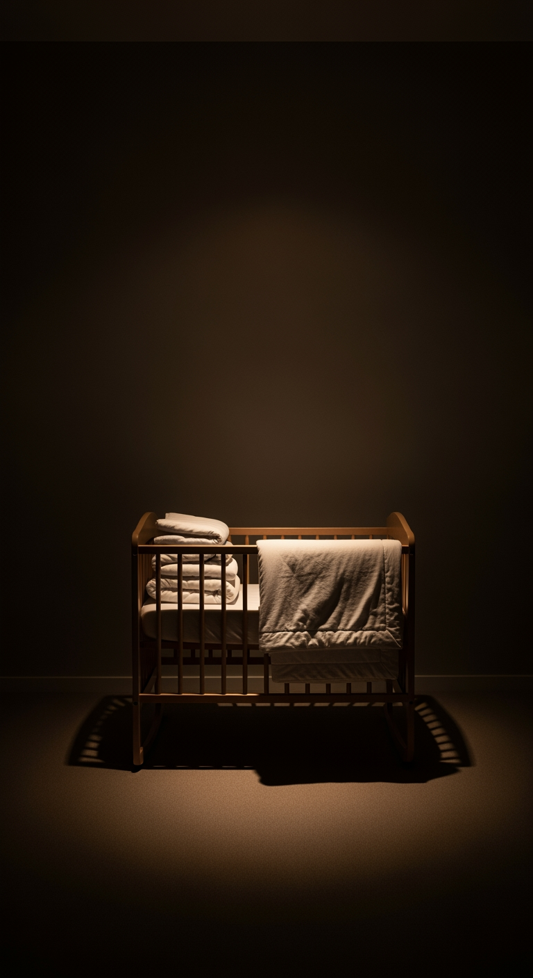 A peaceful, dimly lit nursery at night, with a soft warm glow creating a calm and restful atmosphere around a bassinet.