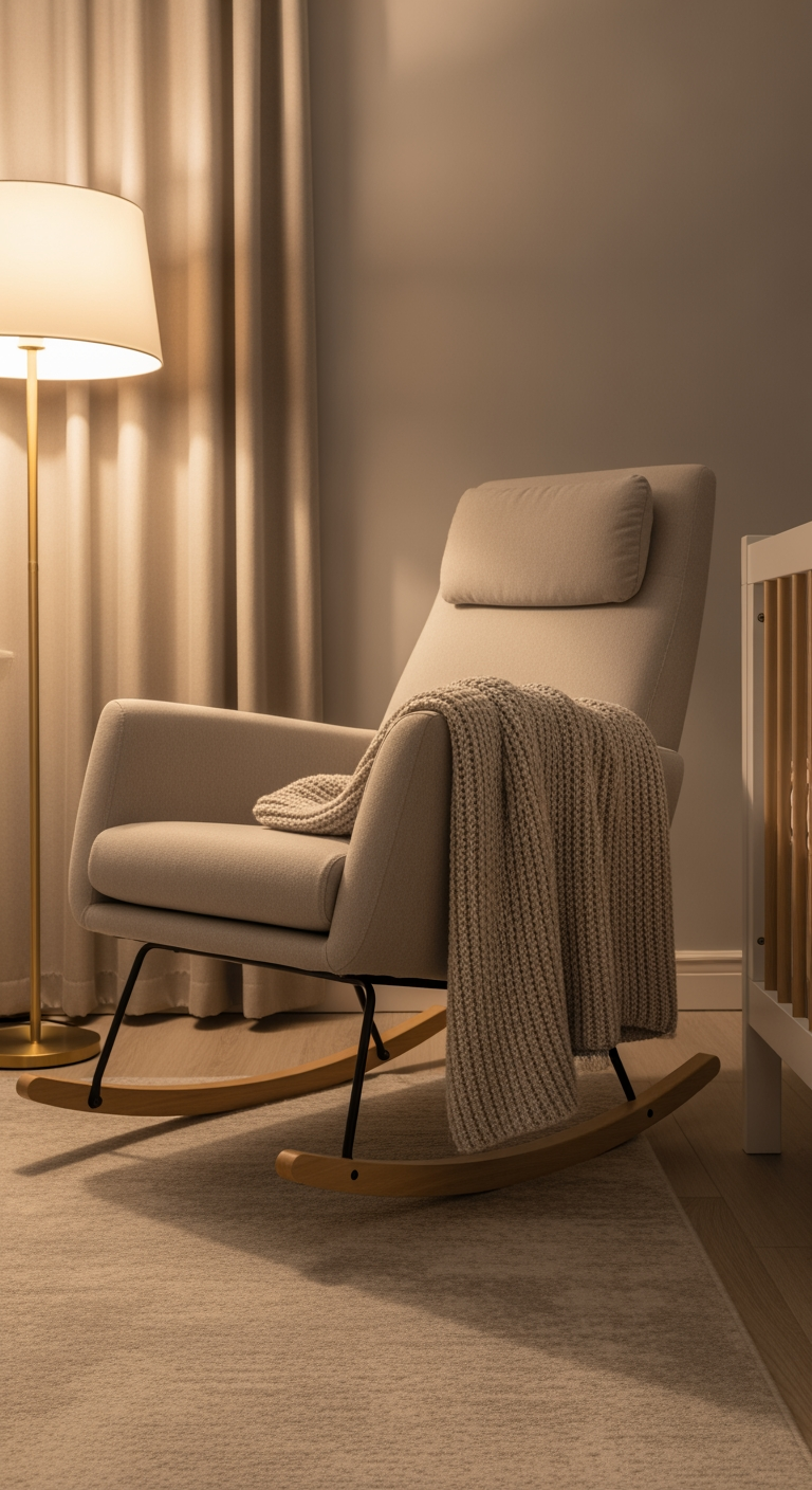 A peaceful nursery corner with a comfortable rocking chair and a neatly folded blanket, symbolizing rest and accomplishment.