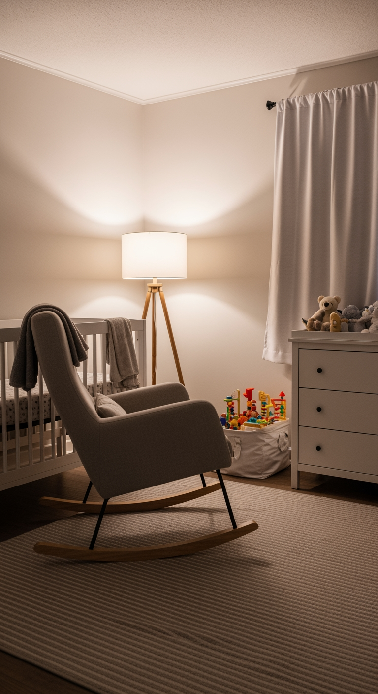 A peaceful nursery with a rocking chair facing a play area, symbolizing the new, successful two-nap routine.