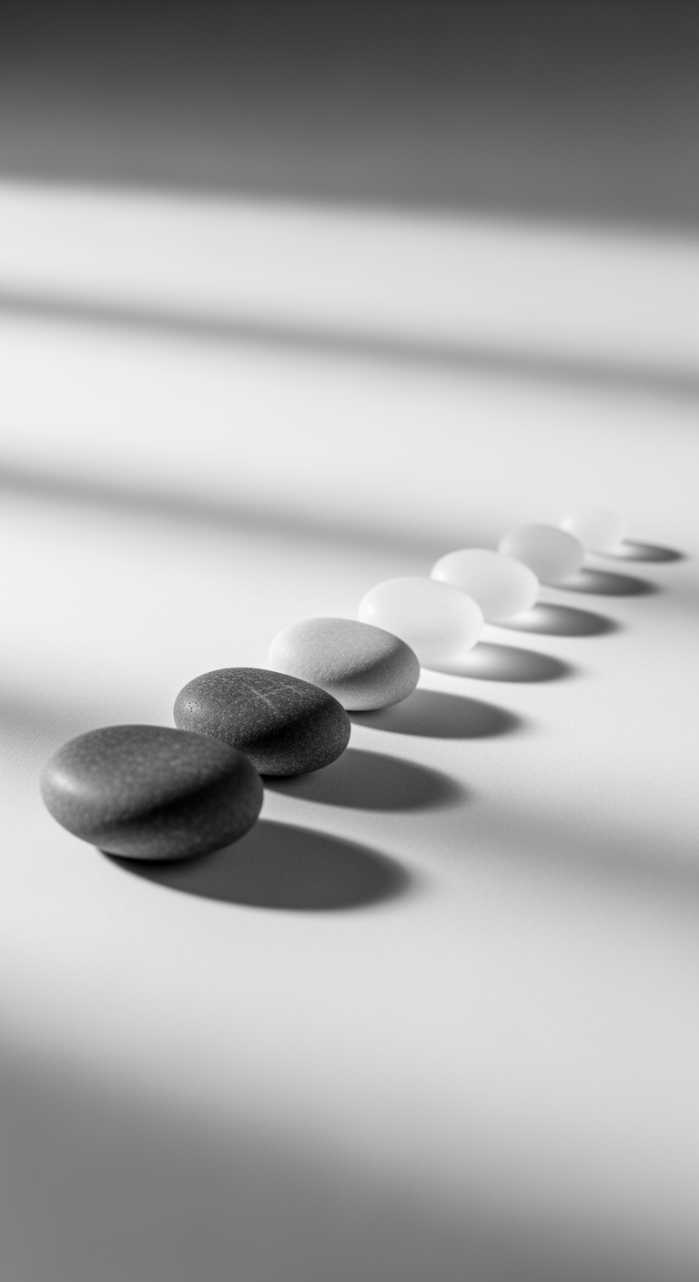 A row of seven identical stones that gradually fade from dark to light, symbolizing a gentle, day-by-day tapering plan.