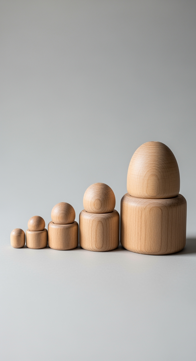 A row of wooden stacking rings arranged in order of size, symbolizing age and progression.