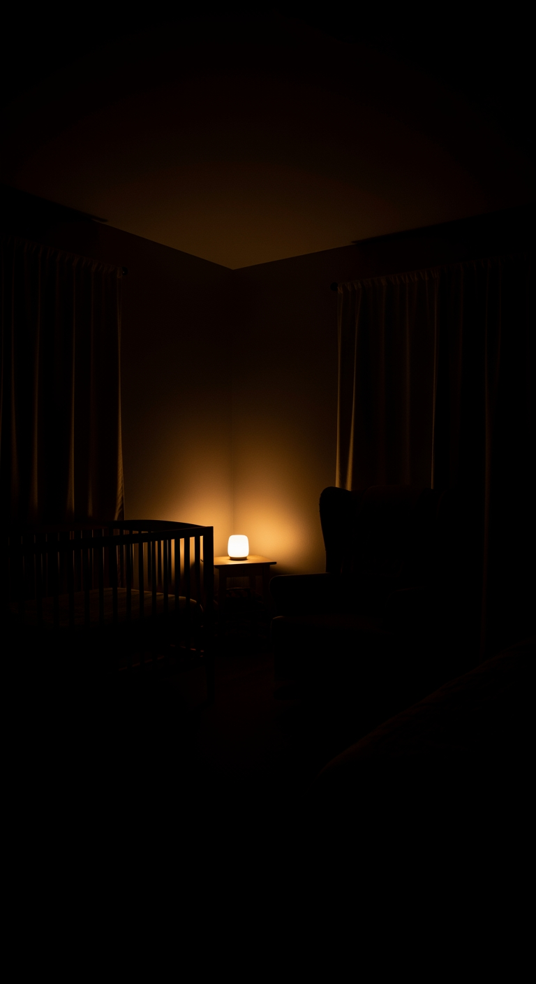 A serene nursery at night, bathed in the soft, warm glow of a distant nightlight.