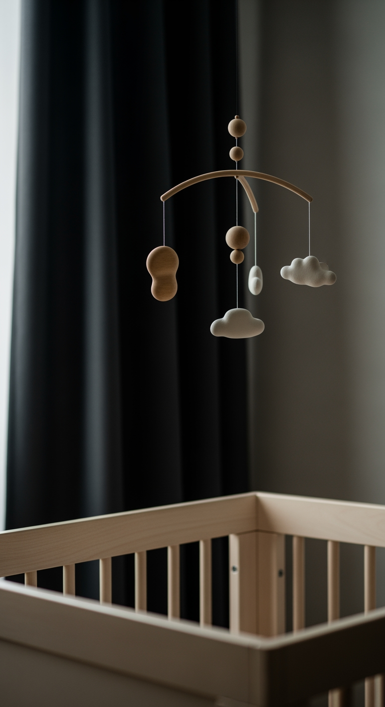 A simple wooden mobile with abstract shapes hangs motionless in a calm, dimly lit nursery, with a dark curtain blurred in the background.
