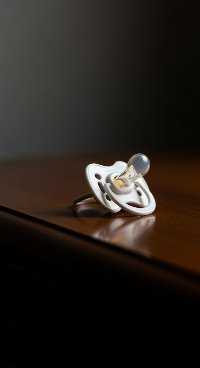 A single pacifier sits on a dark wood surface, representing a troubleshooting tool for when a baby transfer fails.