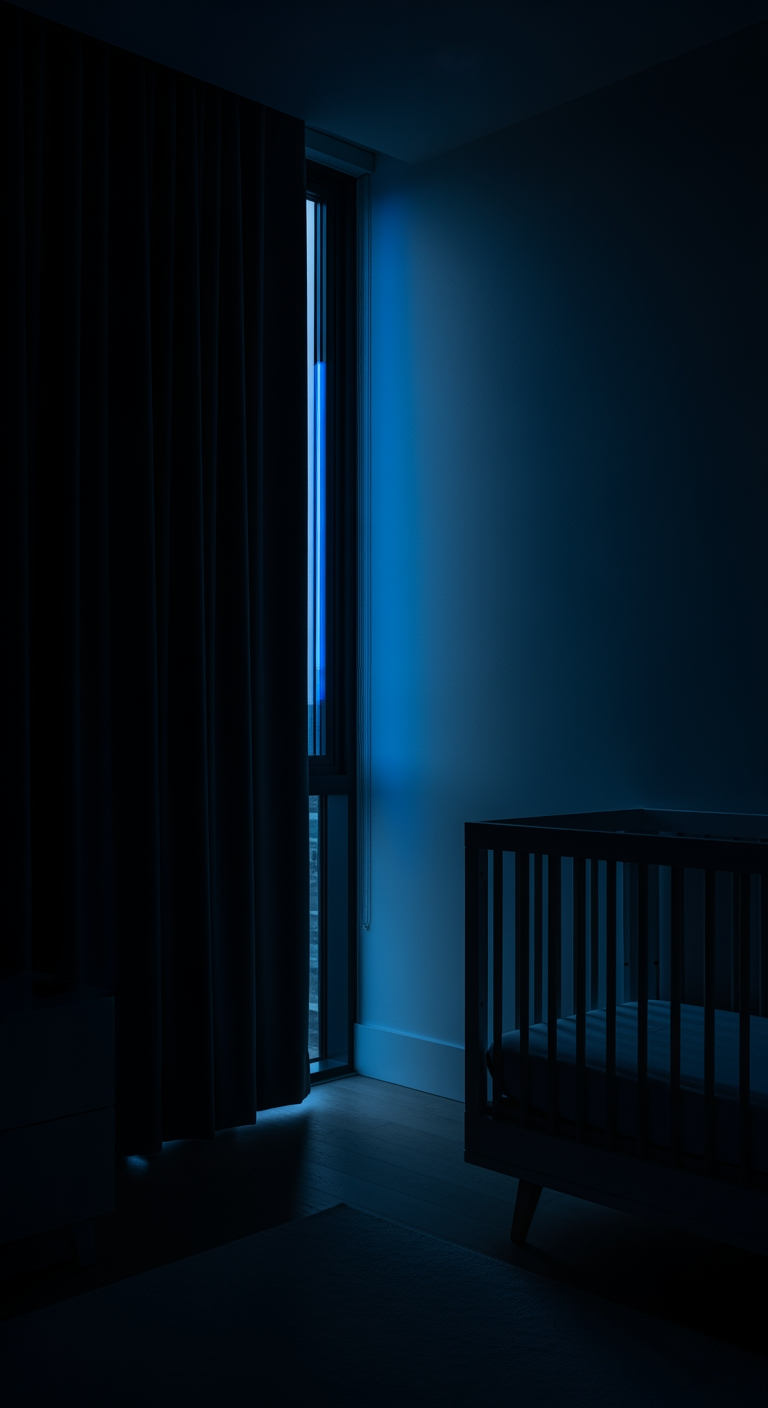A sliver of bright morning light leaks past the edge of a nursery curtain, a common cause of early waking.