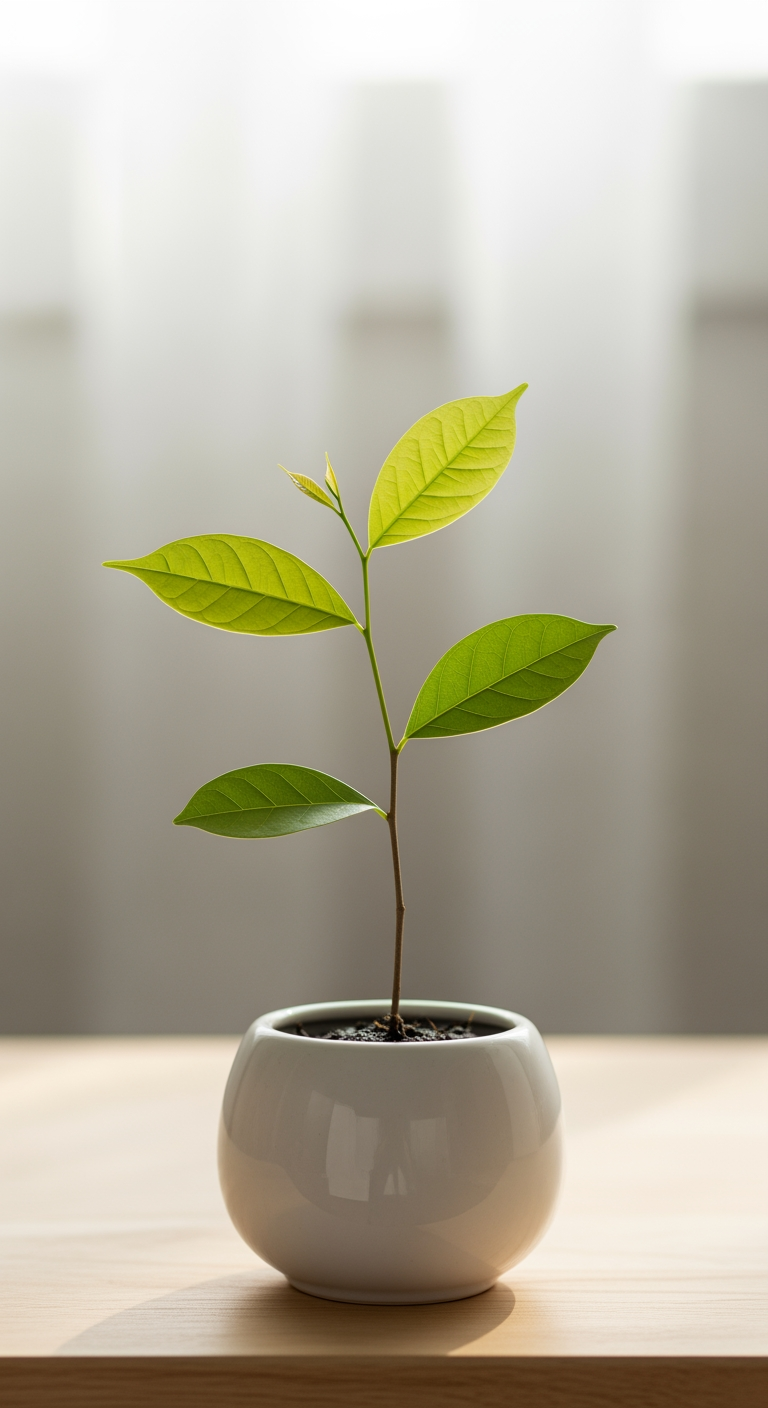 A small, healthy sapling in a pot, bathed in gentle light, symbolizing the patience and time required to see changes in a sleep schedule.