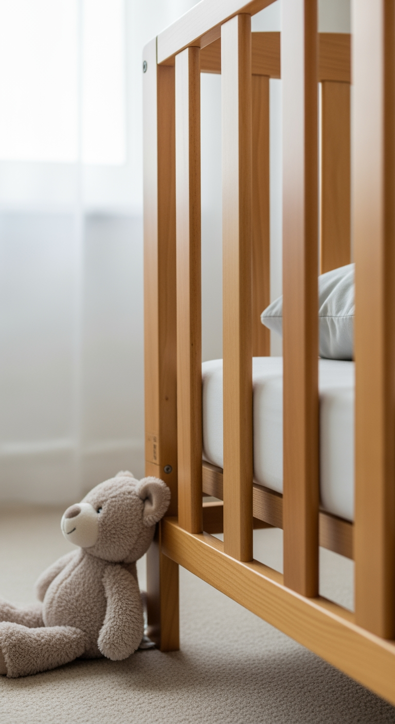 A soft toy rests on the floor beside a crib, subtly suggesting a baby is resisting nap time.