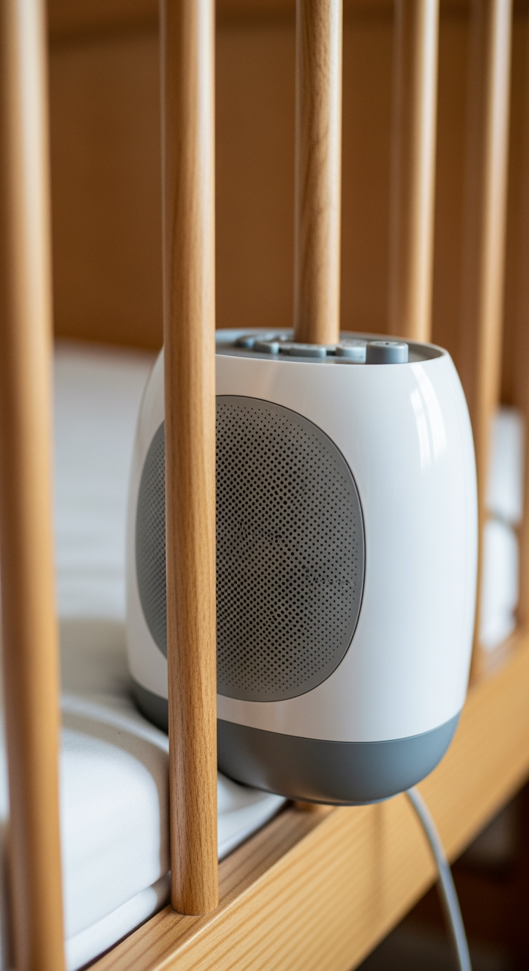 A sound machine placed incorrectly and too close to the bars of a baby crib, highlighting a common safety mistake.