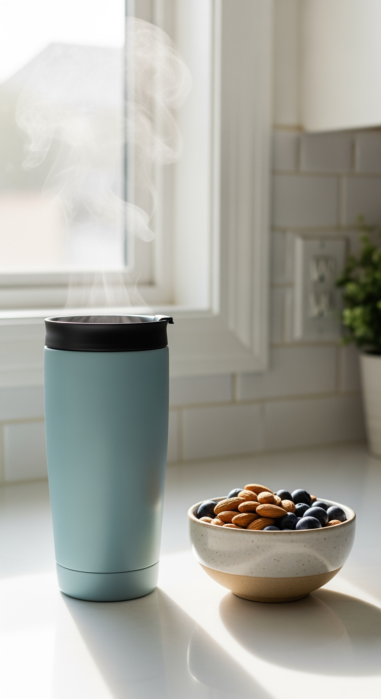 A steaming mug and a healthy snack on a counter in morning light, representing a parent's self-care.