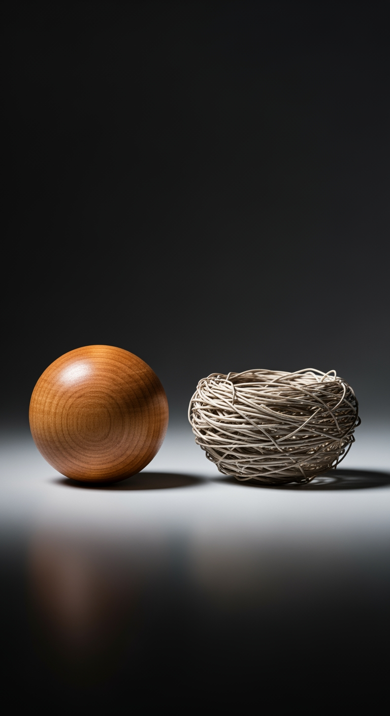A still life showing a smooth wooden sphere next to a textured woven nest, symbolizing pros and cons.