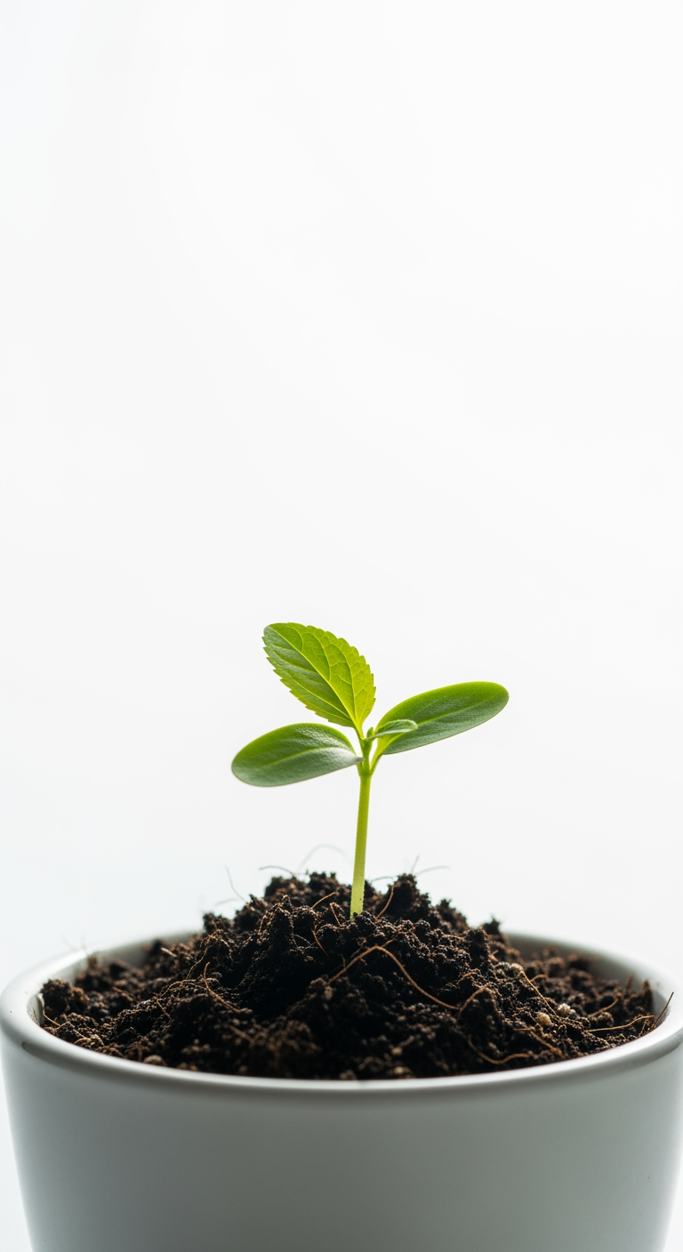 A tiny green sprout emerging from soil in a small pot, symbolizing growth and the next developmental stage.
