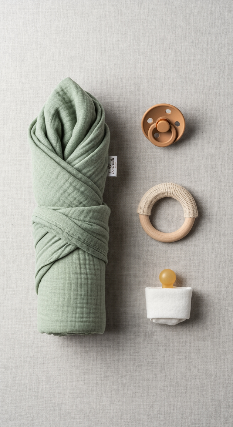 A top-down view of gentle baby items: a muslin swaddle, a pacifier, and a wooden teething ring, arranged neatly.